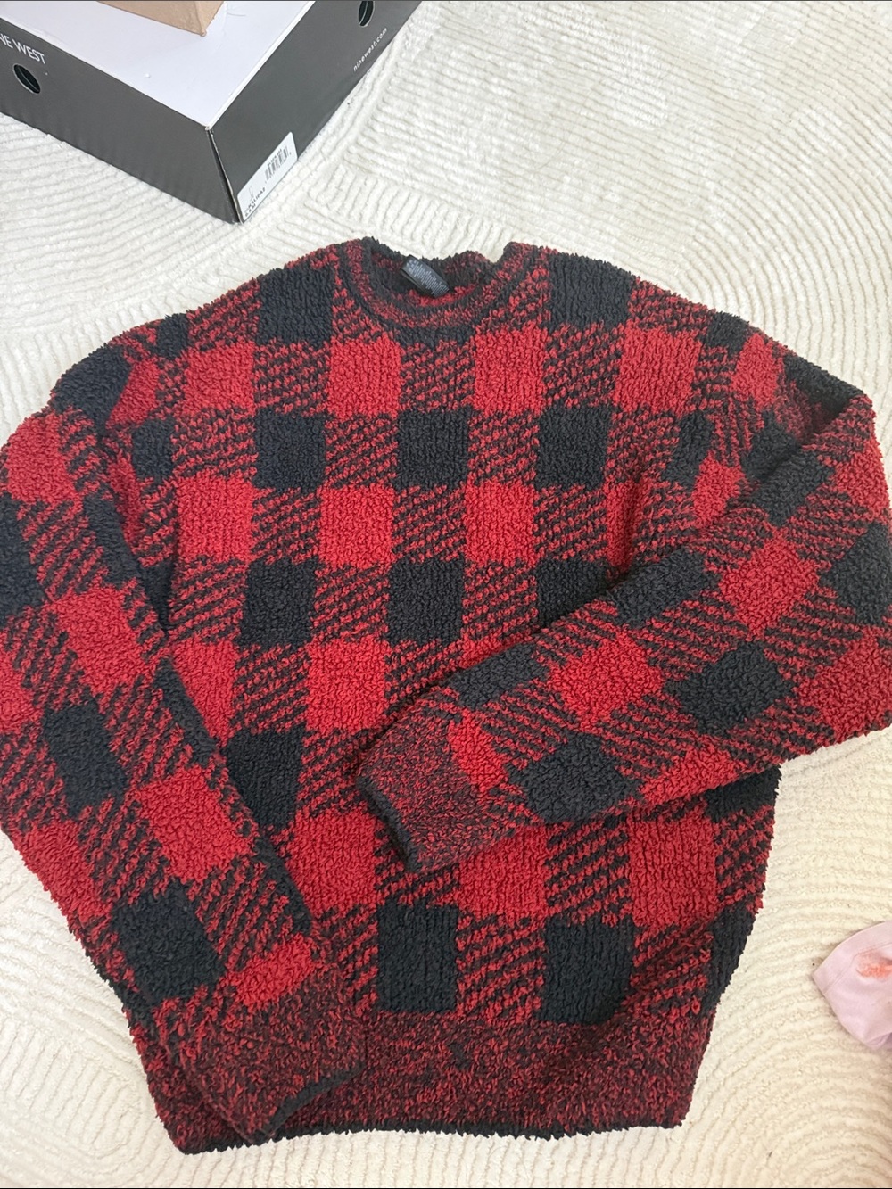 SKIMS Red and Black Plaid Cozy Pullover Sweater